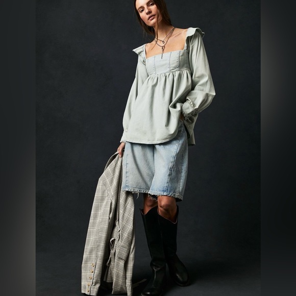 Nwot | Free People About You Denim Babydoll Tunic Dress Top | Large - Picture 3 of 7